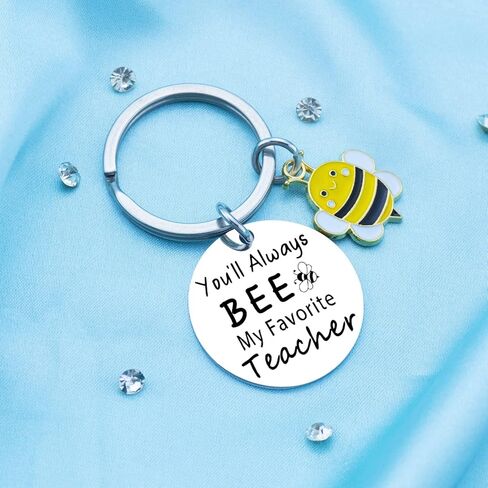 Teacher Keychain Appreciation Gifts for Women Men Thank You Gifts for Teachers Day Valentines Day Christmas Day You Will Always Be My Favorite Teacher Bee Keychain Keyring, Silver, 5 in Kuwait