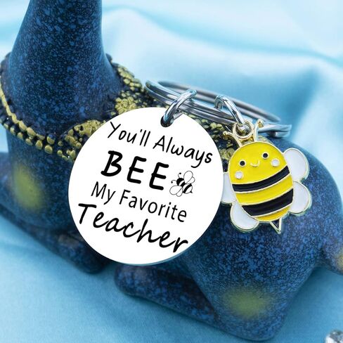 Teacher Keychain Appreciation Gifts for Women Men Thank You Gifts for Teachers Day Valentines Day Christmas Day You Will Always Be My Favorite Teacher Bee Keychain Keyring, Silver, 5 in Kuwait