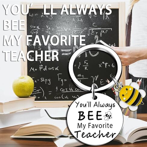 Teacher Keychain Appreciation Gifts for Women Men Thank You Gifts for Teachers Day Valentines Day Christmas Day You Will Always Be My Favorite Teacher Bee Keychain Keyring, Silver, 5 in Kuwait