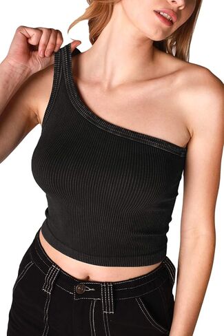 NIKIBIKI Women Seamless Vintage One Shoulder Crop Top, One Size in Kuwait