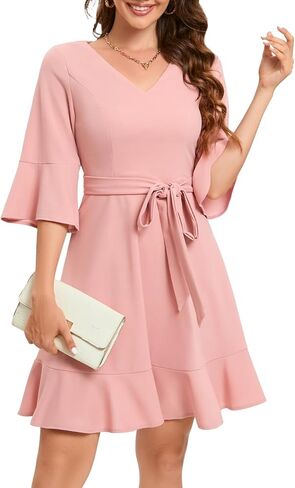 Bbonlinedress فستان نسائي عتيق لحفلات الكوكتيل وحفلات الزفاف بأكمام جرس ورقبة على شكل حرف V مع حزام in Kuwait