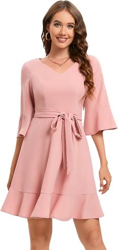 Bbonlinedress فستان نسائي عتيق لحفلات الكوكتيل وحفلات الزفاف بأكمام جرس ورقبة على شكل حرف V مع حزام in Kuwait