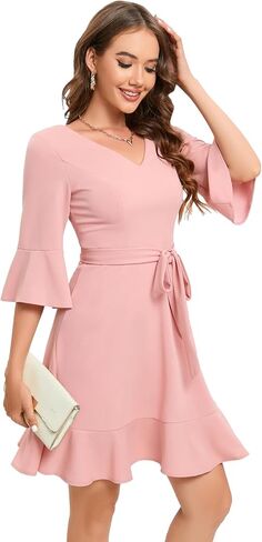 Bbonlinedress فستان نسائي عتيق لحفلات الكوكتيل وحفلات الزفاف بأكمام جرس ورقبة على شكل حرف V مع حزام in Kuwait