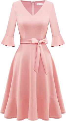 Bbonlinedress فستان نسائي عتيق لحفلات الكوكتيل وحفلات الزفاف بأكمام جرس ورقبة على شكل حرف V مع حزام in Kuwait