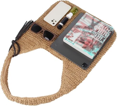 فري ليبي شنطة يد كبيرة من القش للنساء، شنطة كتف منسوجة للصيف in Kuwait