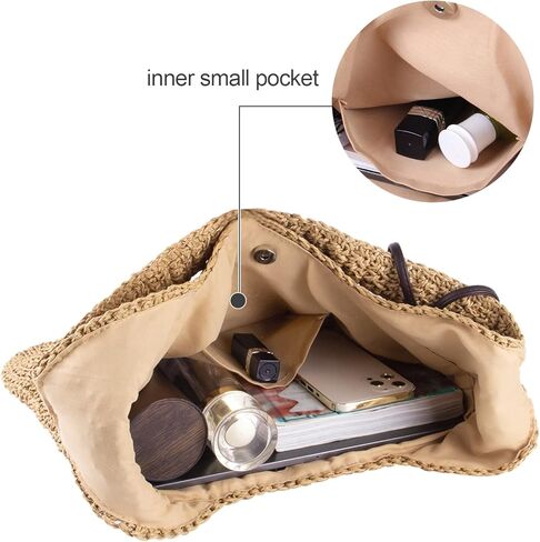 فري ليبي شنطة يد كبيرة من القش للنساء، شنطة كتف منسوجة للصيف in Kuwait