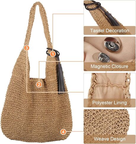 فري ليبي شنطة يد كبيرة من القش للنساء، شنطة كتف منسوجة للصيف in Kuwait