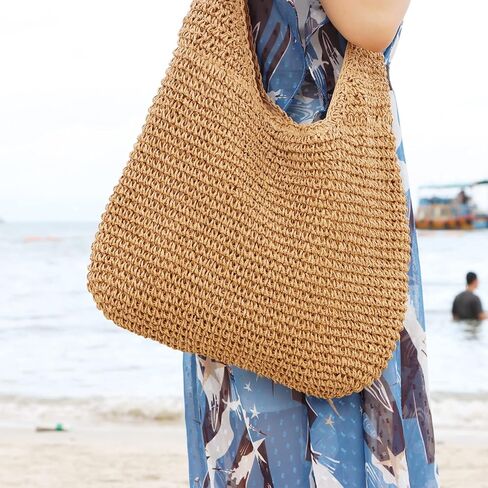 فري ليبي شنطة يد كبيرة من القش للنساء، شنطة كتف منسوجة للصيف in Kuwait