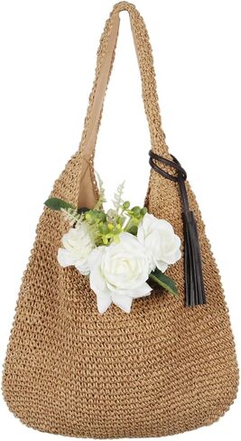 فري ليبي شنطة يد كبيرة من القش للنساء، شنطة كتف منسوجة للصيف in Kuwait