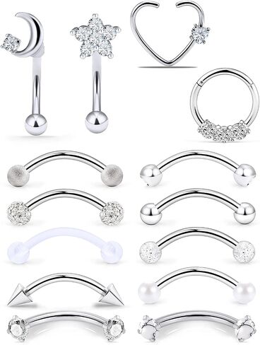 14Pcs 16G Rook Daith Earrings for Women Stainless Steel Belly Lip Ring Cartilage Tragus CZ Body Piercing Curved Barbell Eyebrow Rings 8mm in Saudi Arabia