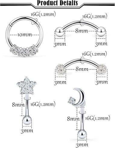 14Pcs 16G Rook Daith Earrings for Women Stainless Steel Belly Lip Ring Cartilage Tragus CZ Body Piercing Curved Barbell Eyebrow Rings 8mm in Saudi Arabia