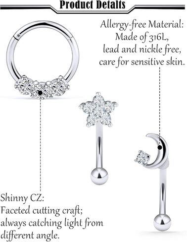 14Pcs 16G Rook Daith Earrings for Women Stainless Steel Belly Lip Ring Cartilage Tragus CZ Body Piercing Curved Barbell Eyebrow Rings 8mm in Saudi Arabia