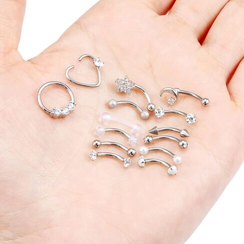 14Pcs 16G Rook Daith Earrings for Women Stainless Steel Belly Lip Ring Cartilage Tragus CZ Body Piercing Curved Barbell Eyebrow Rings 8mm in Saudi Arabia