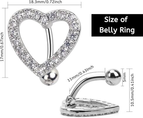 CrazyPiercing Heart Belly Button Rings Paved CZ Navel Ring 14G Dangle Belly Rings Stainless Steel Navel Heart Piercing Jewelry for Women, 14G, Stainless Steel Cubic Zirconia, cubic zirconia in Kuwait