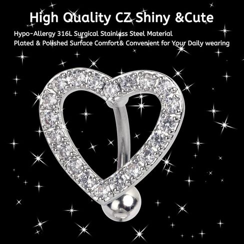 CrazyPiercing Heart Belly Button Rings Paved CZ Navel Ring 14G Dangle Belly Rings Stainless Steel Navel Heart Piercing Jewelry for Women, 14G, Stainless Steel Cubic Zirconia, cubic zirconia in Kuwait