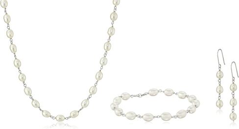 مجموعة مجوهرات من الفضة الاسترليني ولؤلؤ المياه العذبة البيضاء المزروعة بسوار وقلادة وأقراط in Kuwait