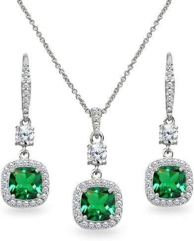Jewelry Sets for Women, Necklace and Earring Sets for Women, Birthstone Jewelry, Genuine or Synthetic Gem, Cushion Cut Necklace and Drop Earrings Set, Pendant Necklace, Dangle Earrings, Silver Jewelry in Saudi Arabia
