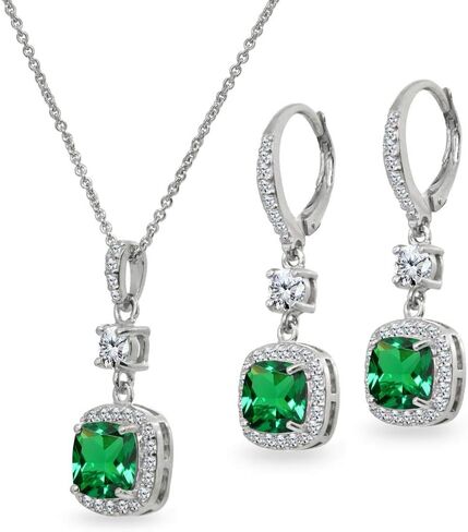 Jewelry Sets for Women, Necklace and Earring Sets for Women, Birthstone Jewelry, Genuine or Synthetic Gem, Cushion Cut Necklace and Drop Earrings Set, Pendant Necklace, Dangle Earrings, Silver Jewelry in Saudi Arabia