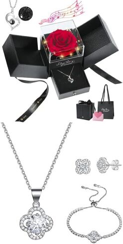 وردة حمراء حقيقية محفوظة لعيد الأم مع قلادة من الفضة الإسترليني S925 ومجموعة مجوهرات من أقراط وقلادة وسوار البرسيم المحظوظ in Kuwait