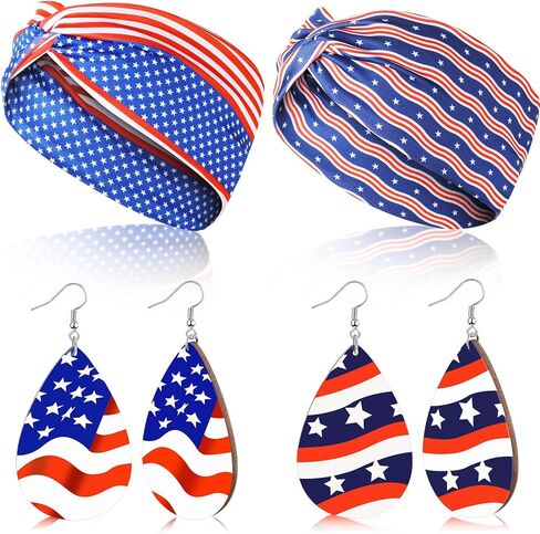 Redbaker 4 Pcs 4th of July Accessories Include 2 American Flag Headband 2 Pairs Wooden 4th of July Earrings for Women Girls USA Patriotic Head Band for Memorial Independence Day Party (Classic Style) in Kuwait