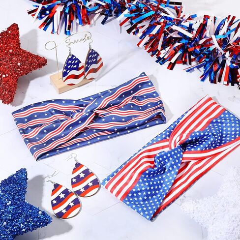 Redbaker 4 Pcs 4th of July Accessories Include 2 American Flag Headband 2 Pairs Wooden 4th of July Earrings for Women Girls USA Patriotic Head Band for Memorial Independence Day Party (Classic Style) in Kuwait
