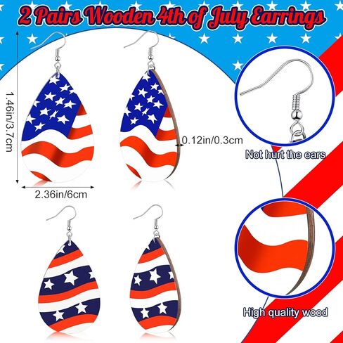 Redbaker 4 Pcs 4th of July Accessories Include 2 American Flag Headband 2 Pairs Wooden 4th of July Earrings for Women Girls USA Patriotic Head Band for Memorial Independence Day Party (Classic Style) in Kuwait