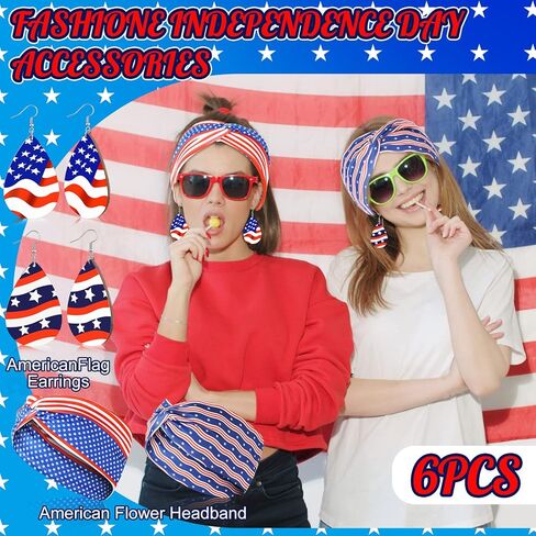 Redbaker 4 Pcs 4th of July Accessories Include 2 American Flag Headband 2 Pairs Wooden 4th of July Earrings for Women Girls USA Patriotic Head Band for Memorial Independence Day Party (Classic Style) in Kuwait