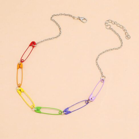 بيان ملون قوس قزح الشرير دبوس الأمان المختنق قلادة فريدة من نوعها الحد الأدنى مشبك ورق قلادة للنساء الفتيات الهيب هوب مجوهرات الأزياء الطرف in Kuwait