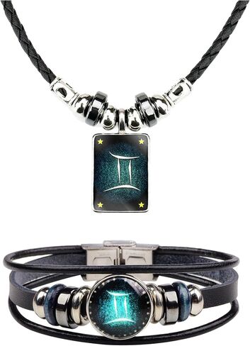 2Pcs Zodiac Necklace Bracelet Set for Men Zodiac Sign Jewelry Leather Constellations Zodiac Bracelet for Men Zodiac Gifts for Women in Saudi Arabia