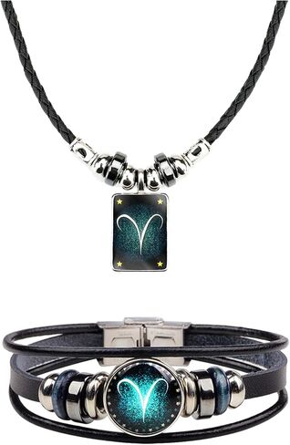 2Pcs Zodiac Necklace Bracelet Set for Men Zodiac Sign Jewelry Leather Constellations Zodiac Bracelet for Men Zodiac Gifts for Women in Saudi Arabia
