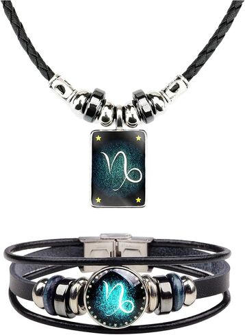 2Pcs Zodiac Necklace Bracelet Set for Men Zodiac Sign Jewelry Leather Constellations Zodiac Bracelet for Men Zodiac Gifts for Women in Saudi Arabia