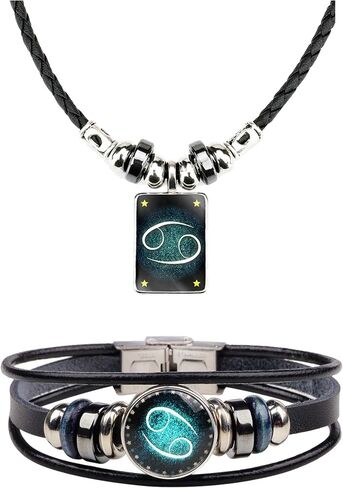 2Pcs Zodiac Necklace Bracelet Set for Men Zodiac Sign Jewelry Leather Constellations Zodiac Bracelet for Men Zodiac Gifts for Women in Saudi Arabia