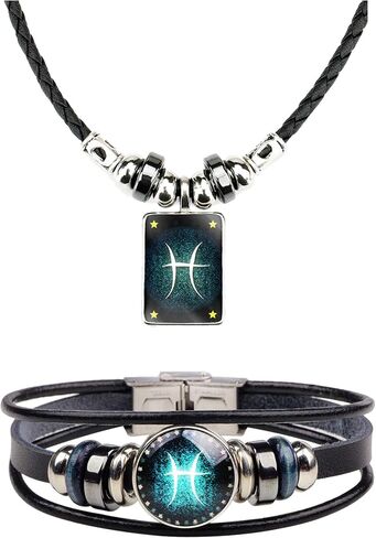 2Pcs Zodiac Necklace Bracelet Set for Men Zodiac Sign Jewelry Leather Constellations Zodiac Bracelet for Men Zodiac Gifts for Women in Saudi Arabia