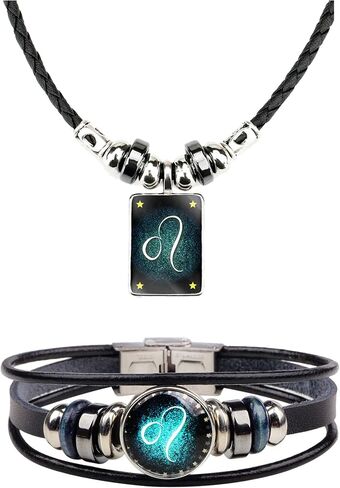 2Pcs Zodiac Necklace Bracelet Set for Men Zodiac Sign Jewelry Leather Constellations Zodiac Bracelet for Men Zodiac Gifts for Women in Saudi Arabia