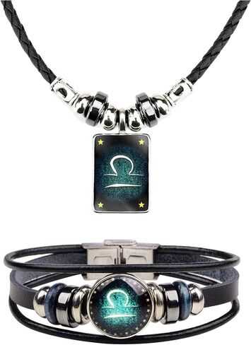 2Pcs Zodiac Necklace Bracelet Set for Men Zodiac Sign Jewelry Leather Constellations Zodiac Bracelet for Men Zodiac Gifts for Women in Saudi Arabia