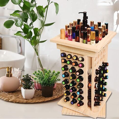 حامل زيتي عطري دوار من الخشب الطبيعي من شركة تونشان، مكون من 8 طبقات بخاصية إطلاق الروائح العلاجية، صندوق تخزين، صندوق تخزين، حامل موزع، 125 فتحة للزجاجات الدوارة سعة 5 - 115 مل in Saudi Arabia