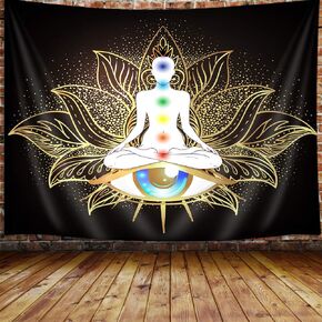 Seven Chakra Tapestry, Mandala Eyes Yoga Meditation Zen Decor Small Tapestry Wall Hanging for Bedroom, Hippie Golden Black Lotus Spiritual Tapestries Poster Beach Blanket College Dorm Home (60W X 40H)