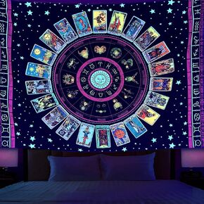 Simpkeely Blacklight Astrology Tarot Tapestry, Wheel of The Zodiac Spiritual Tapestries, UV Reactive Stars Constellation Decoration Wall Hanging Neon Tapestry for Bedroom Aesthetic - 59" x 80"