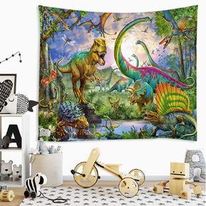 Sevendec Dinosaur Decor Tapestry for Kids Boys Bedroom, Jurassic Dino Forest Anicient Animals Fairytale Tapestries Wall Hanging for College Dorm Home, Funny T-Rex Poster Blanket W59 x L51