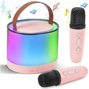 Children and adults karaoke machine, mini portable Bluetooth speaker with 2 wireless microphones and LED, birthday gift for boys and girls aged 4-12, home KTV, travel essential product (Pink)