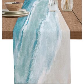 Coastal Beach Blue Table Runner, Ocean Sea Waves Dining Room Table Runners 70 Inches Long, Summer Kitchen Table Cloth Dresser Scarf for Coffee/Western/Party/Wedding Decor 13x70 Inch
