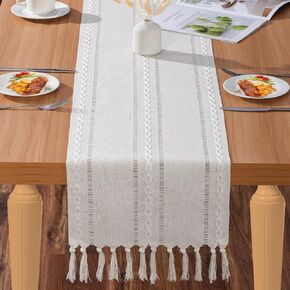 Table Runner, Boho Farmhouse Table Runner 72 Inches Long with Tassels for Holiday Party, Linen Beige Rustic Table Runner Wrinkle Free for Wedding Dining Room, Ivory Table Runner for Dresser Decor