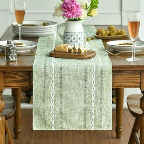 Artoid Mode Blue Rustic Cotton Linen Table Runner, Seasonal Embroidered Hollow Kitchen Dining Table Decoration for Home Party Decor 13x72 Inch
