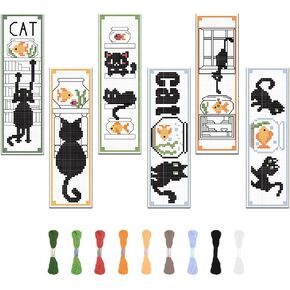 FREEBLOSS 6 Set Bookmark Cross Stitch Kits Cartoon Cat&Fish Jar&Windowsill Bookmark Cross Stitch Kit with Instructions Embroidery Bookmark Kit for Adults Beginners Handmade Bookmarks for Book Gift