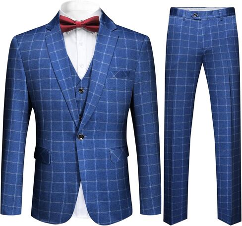 Cloudstyle Mens 3-Piece Plaid Suit Set Modern Fit Jacket Tux Blazer Vest Pants in Kuwait