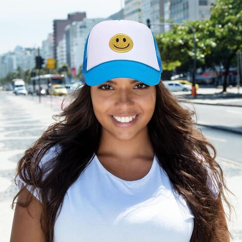Lycycse المرأة قبعة سائق الشاحنة شبكة النيون Preppy القبعات مع الترتر ابتسامة التصحيح Y2K قبعة قبعة بيسبول الرجعية in Kuwait