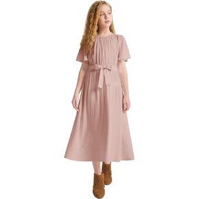 LaBeca Girls Elastic Crew Neck Butterfly Short Sleeve Midi Belted Dress with Pocket Pink 150Y