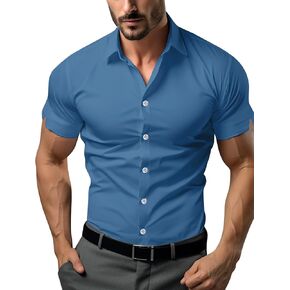 ATFORNA Men's Muscle Dress Shirts Slim Fit Stretch Short&Long Sleeve Athletic Fit Button Down Shirts