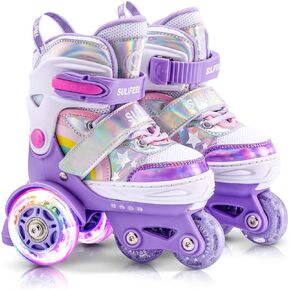 SULIFEEL Rainbow Unicorn 4 مقاسات قابلة للتعديل زلاجات دوارة مضيئة للفتيات والفتيان للأطفال الصغار أرجواني X-Small