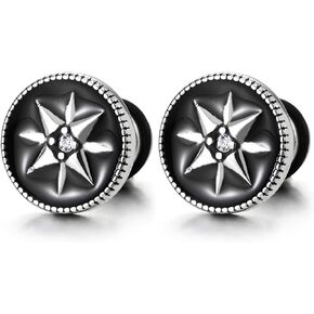 Nautical Compass Star Stud Earrings, Circle with Black Enamel, Men Women, Unisex Maritime Jewelry